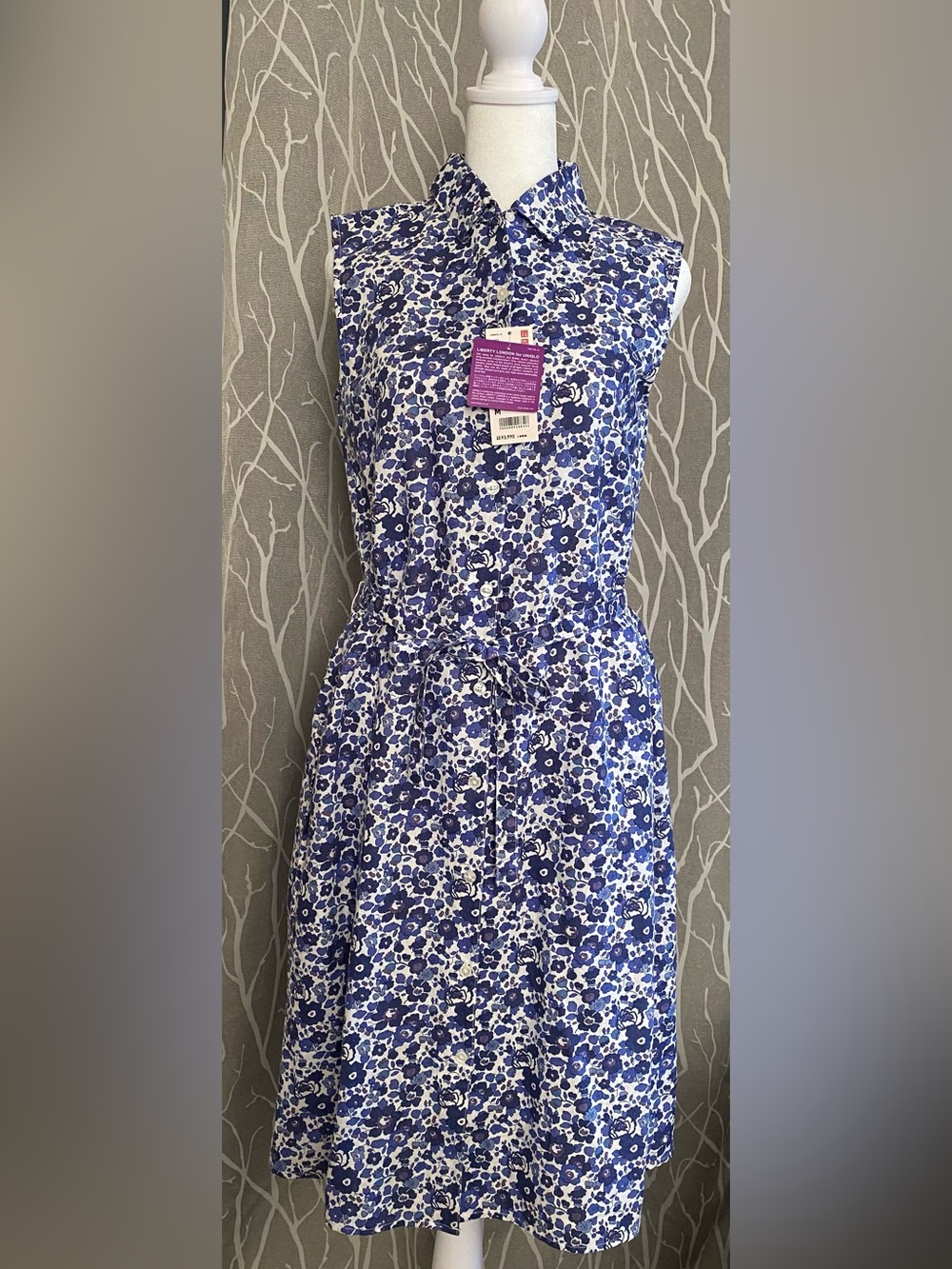 Liberty x Uniqlo Japan Floral Blue M Dress Belted Button Linen Cotton Summer NEW